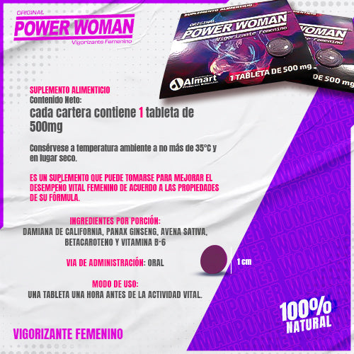 4 Pastillas Power Woman Vigorizante Natural para Mujeres - Fórmula con Maca, Jalea Real, Avena Sativa y Vitamina B | Suplemento para Potencia Femenina y Vitalidad, Energía y Rendimiento