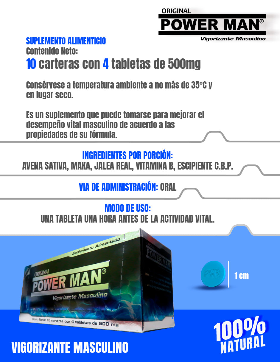 40 Pastillas Power Man Vigorizante Natural para Hombres - Fórmula con Maca, Jalea Real, Avena Sativa y Vitamina B | Suplemento para Potencia Masculina y Vitalidad, Energía y Rendimiento