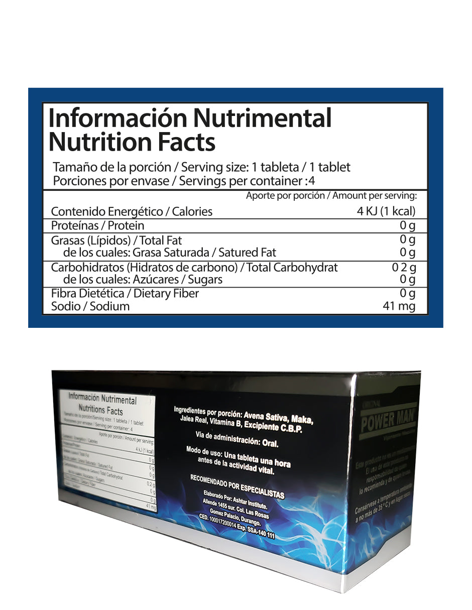 40 Pastillas Power Man Vigorizante Natural para Hombres - Fórmula con Maca, Jalea Real, Avena Sativa y Vitamina B | Suplemento para Potencia Masculina y Vitalidad, Energía y Rendimiento