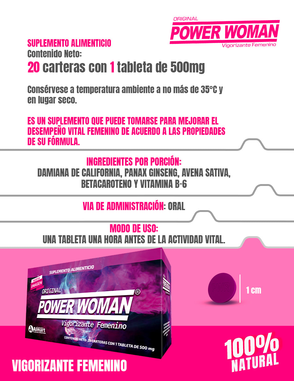 20 Pastillas Power Woman Vigorizante Natural para Mujeres - Fórmula con Maca, Jalea Real, Avena Sativa y Vitamina B | Suplemento para Potencia Femenina y Vitalidad, Energía y Rendimiento